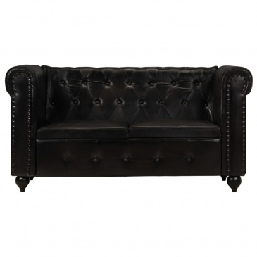 2-osobowa sofa Chesterfield, czarna, skóra naturalna