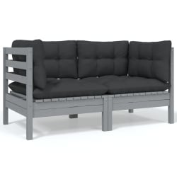 2-osobowa sofa ogrodowa z szarymi poduszkami, drewno sosnowe