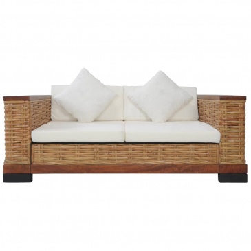2-osobowa sofa z poduszkami, brązowa, naturalny rattan