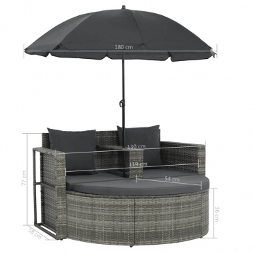 2-osobowa sofa z poduszkami i parasolem, polirattan, szara