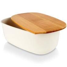 Chlebak pojemnik na pieczywo z drewnianą deską kremowy 39x23,5x15,5 cm