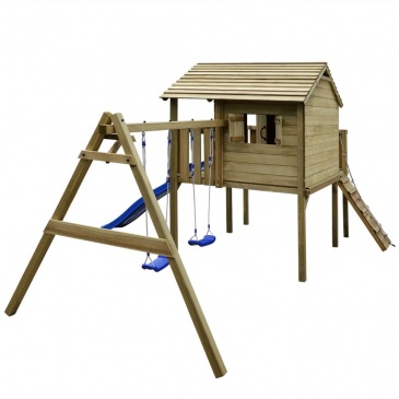 Domek dla dzieci z drabinką, zjeżdżalnią i huśtawkami, z drewna