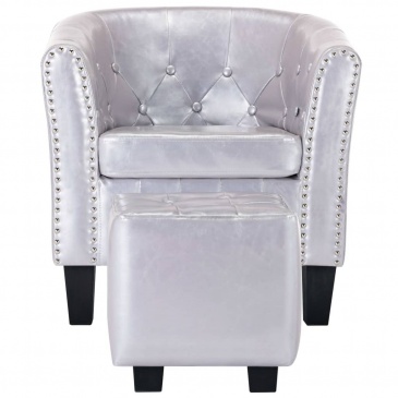 Fotel klubowy z podnóżkiem lśniący srebrny sztuczna skóra