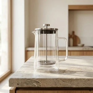 French Press do kawy 1 l – szklany zaparzacz do kawy i herbaty, tłokowy, srebrny, Valesso Barcelona