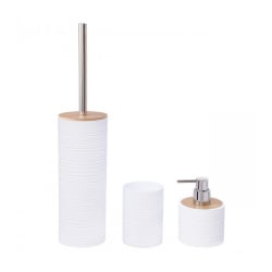 Komplet akcesoriów łazienkowych z naturalnego bambusa, biały- Szczotka do WC Dozownik i Kubek - Yoka