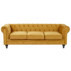 Komplet wypoczynkowy welurowy 4-osobowy żółty chesterfield