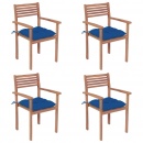 Krzesła ogrodowe, 4 szt., niebieskie poduszki, drewno tekowe