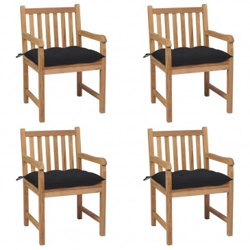 Krzesła ogrodowe z czarnymi poduszkami, 4 szt., drewno tekowe