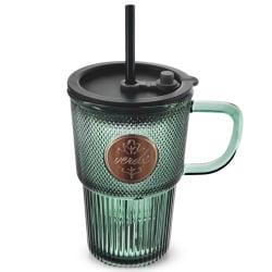 Kubek szklany z pokrywką i słomką VERDE 450 ml