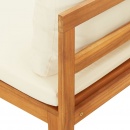 ławka ogrodowa ze stolikiem, kremowe poduszki, drewno akacjowe