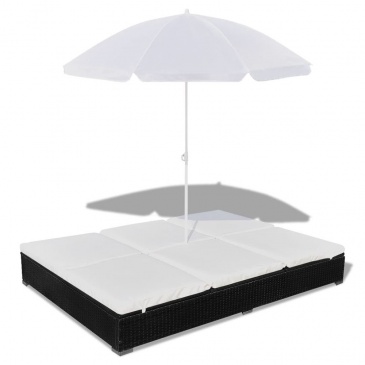 Łóżko ogrodowe z parasolem polirattan, czarne