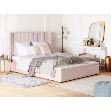 Łóżko welurowe z ławką 180 x 200 cm pastelowy róż NOYERS