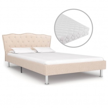 Łóżko z materacem, beżowe, tkanina, 140 x 200 cm