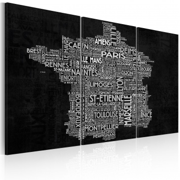 Obraz - Text map of France on the black background - triptych (60x40 cm)