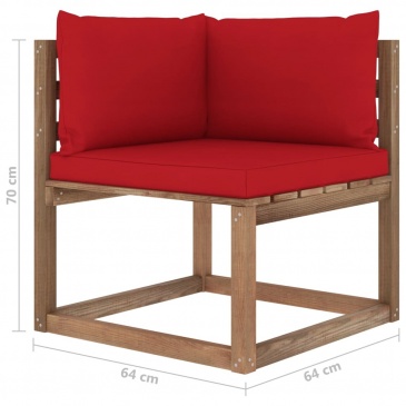 Ogrodowa sofa narożna z palet, z czerwonymi poduszkami