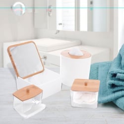 Pojemnik podajnik na płatki kosmetyczne higieniczne waciki z bambusową pokrywką