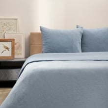 Pościel | cordelia | muślinowa niebieska w białe listki | 220x200 + 2*50x60 cm | 731556