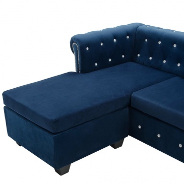 Sofa Chesterfield z leżanką, aksamit, 199x142x72 cm, niebieska