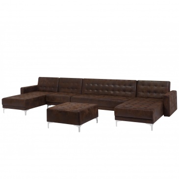 Sofa rozkładana XXL imitacja skóry Old Style brąz z otomaną ABERDEEN