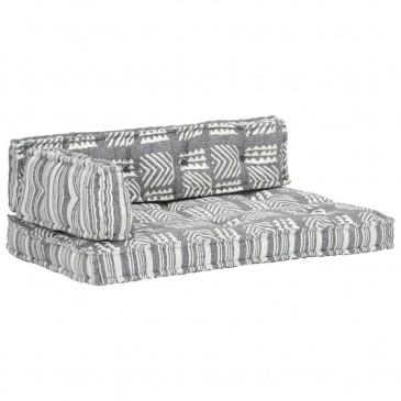 Sofa z poduszek na paletę, tkanina, szary patchwork