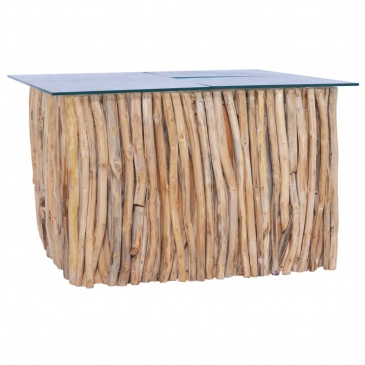 Stolik kawowy ze szklanym blatem, 66x66x40 cm, drewno tekowe