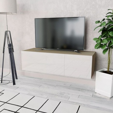 Szafka pod TV, 120x40x34cm, kolor dębowy i biały, wysoki połysk