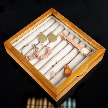 Szkatułka drewniana ze szklaną szybką / pudełko ogarnizer na biżuterię 18x12x5 cm