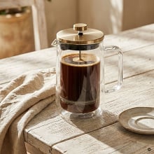 Szklany dzbanek do herbaty z zaparzaczem 1 l – French Press, zaparzacz do kawy, złoty, Valesso Barce Szklany dzbanek do herbaty z zaparzaczem 1 l – French Press, zaparzacz do kawy, złoty, Valesso Barce