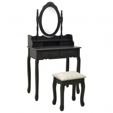 Toaletka ze stołkiem, czarna, 75x69x140 cm, drewno paulowni