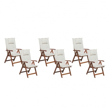 Zestaw 6 krzeseł ogrodowych drewnianych z białymi poduszkami TOSCANA