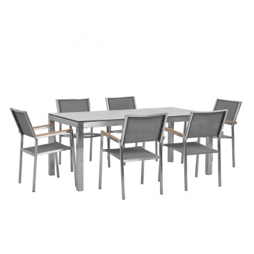 Zestaw ogrodowy stół HPL z marmurowym wykończeniem i 6 krzeseł szarych GROSSETO